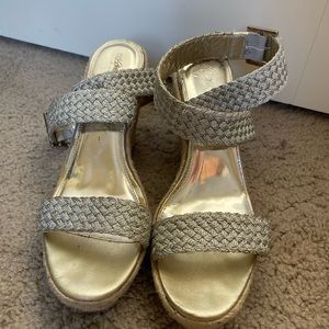 Metallic Heeled Wedge Sandals - Size 10